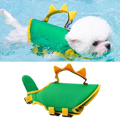 MANON ROSA Dog Life Jacket with Reflective Stripes, Portable Adjustable Life Vest with Head Support, Pet Lifejacket Swimsuit for Small Medium Large Dogs (XX-Large,Dinosaur)