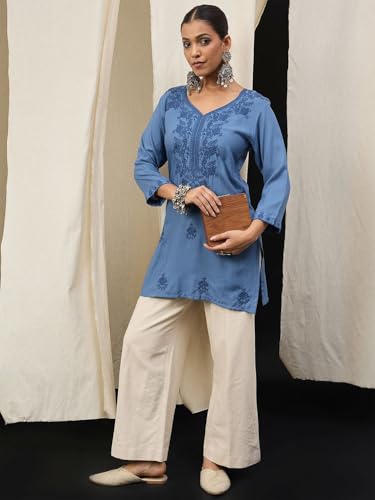 Image of Amazon Brand - Tavasya Women Embroidered Thread Work Shorts Kurti Top Tunic