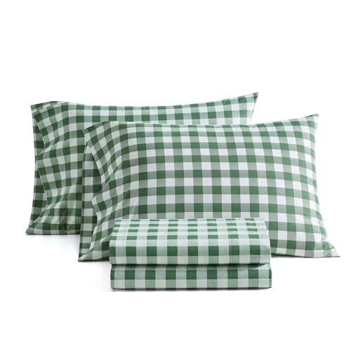 Image of Martha Stewart - Twin Size Sheets Set, Crisp & Tailored Sheets w /a Naturally Smooth Cotton Percale Lightweight Feel - Bed Sheets w /Matching Pillowcase (Madison Gingham Green)