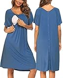 Pinspark Nachthemd Damen Geburt Stillnachthemd Kurzarm Baumwolle Schlafanzug Schwangerschaft Pyjama Nachtwäsche mit Durchgehender Knopfleiste Blau&Grün S