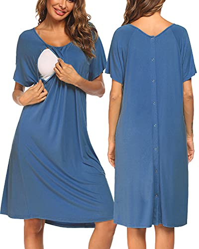 Pinspark Camicia da notte per allattamento con bottoni, adatta per nascita, ospedale, da notte, da notte, per donne in gravidanza, taglie S-XXL blu e verde. M