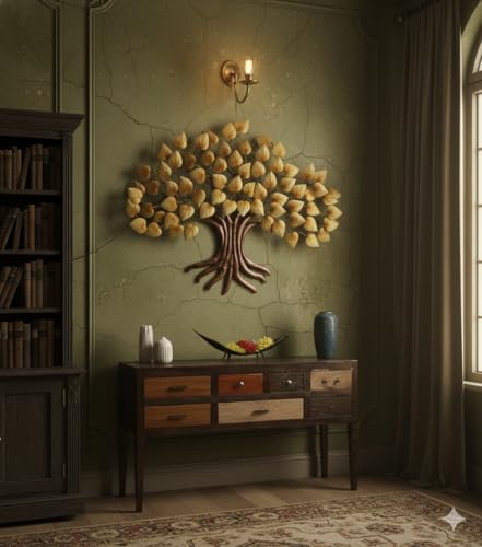Image of Bharat Art Metal Big Tree Wall Art | Handcrafted Iron Peepal Led Tree Wall Hanging for Living Room, Bedroom, Hall, Office & Entrance Decor (Peepal Golden, 58 x 4 x 41 Inch) W038 A
