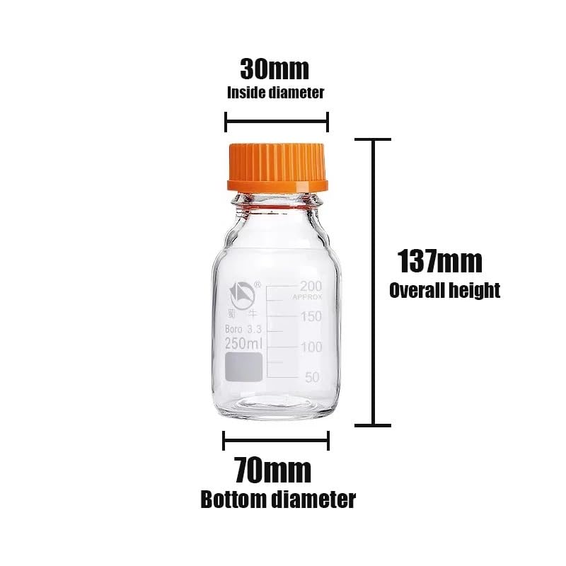 Frascos de reactivos de 100 ml/250 ml/500 ml. Material de laboratorio de química química transparente. Frasco de vidrio de borosilicato de alta calidad (250 ml).(500ml)