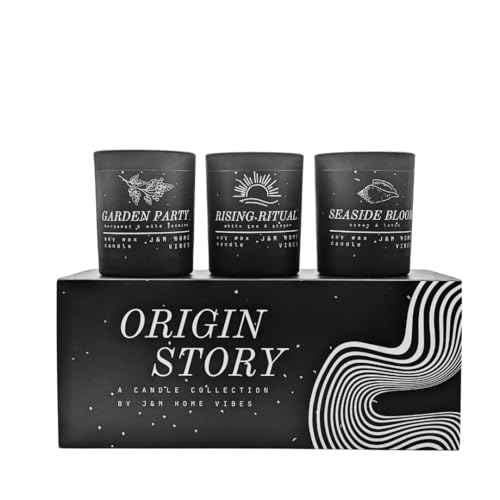 J&M Home Vibes Origin Story: Luxury Scented Candle Gift Set for Home 3-Pack Premium Soy Wax Candles for Men or Women Unisex Masculine Scents Minimalist for Graduation, Birthday