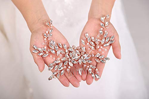 Denifery Rose Gold Bridal Hair Comb Sparkly Rhinestones Wedding Hair Comb Pearl Bridal Headpiece Rose Gold Hair Accessories For Women And Girls (Rose Gold) #TOP5