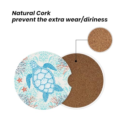 Image of Sea Turtle Ocean Car Coasters for Cup Holder - Absorbent Ceramic 2 Pack With Anti-Slip Cork Base and Finger Notch - Interior Accessories for Women Men 2.56 inch