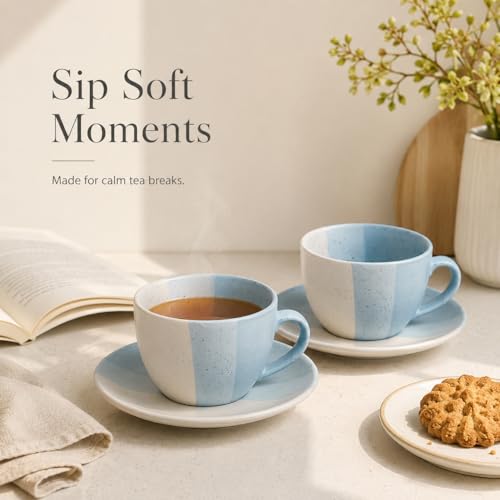 Image of The Earth Store TT Blue Ceramic Cappuccino Cup with Saucer Set of 4 | 250ML Coffee & Tea Cups | Microwave & Dishwasher Safe |Stylish Cups for Home, Cafe & Gifting