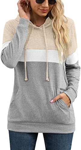 PrinStory Womens Hoodies Pullover Sweatshirts Tunic Top Color Block Long Sleeve Fall Drawstring Tops With Pocket VG Beige US X-Large