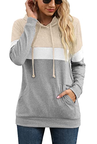 Prinstory Womens Hoodies Pullover Sweatshirts Tunic Top Color Block Long Sleeve Fall Drawstring Tops With Pocket Vg Beige Us X-Large #TOP22