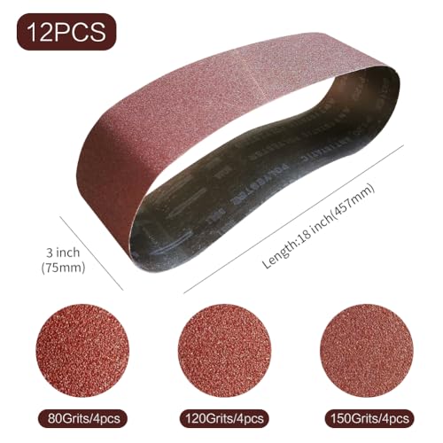 Image of 3x18 3 x 18 Inch Sanding Belt Pack 3-Inch x 18-Inch,12 Pcs(4 Each of 80 120 150 Grits) Aluminum Oxide for Sander