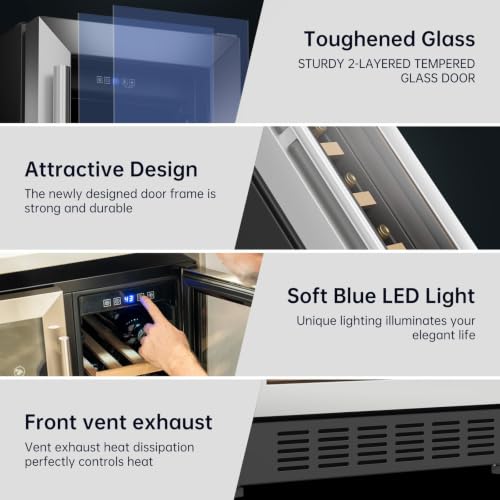 Image of KingChii 24 Inch 46 Bottle Wine Cooler Refrigerator Professional Compressor, Stainless Steel & Tempered Glass for Red Wine, Champagne - Built-in or Freestanding for Home, Kitchen, or Office