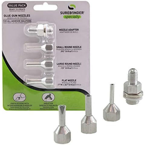 Surebonder Interchangeable Hot Glue Gun Nozzles - 4 Pack Includes Adapter, Small & Large Round Nozzles, Flat Nozzle - Made of Aluminum for Durability & Smooth Glue Flow Cover