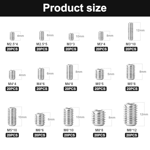 Madenschrauben Sortiment Set Edelstahl Schrauben Kegelspitze Gewindestift Innensechskant Wurmschrauben Schraube Türklinke mit Schraubenschlüssel M2.5 M3 M4 M5 M6 M8 für Türklinken 300 Stück