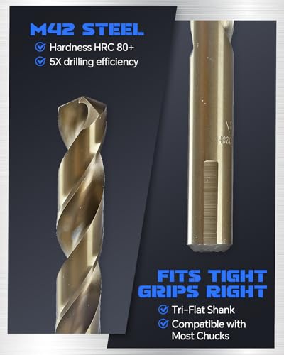 Image of COMOWARE Cobalt Drill Bit Set- 1 /2 inch M42 High Speed Steel Twist Jobber Length for Hardened Metal, Stainless Steel, Cast Iron and Wood Plastic