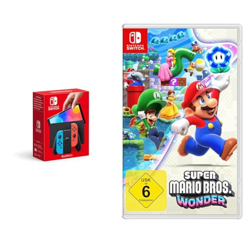 Nintendo Switch-Konsole (OLED-Modell) Neon-Rot/Neon-Blau + Super Mario Bros. Wonder Switch