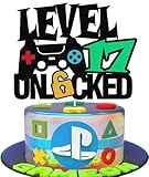 Level 17th Unlocked Sign Cake Topper Happy 17th Birthday Level Up Tenth Cake Decorations for Video Game Controller Themed Kids Boy Girl Bday Party Supplies Double Sided (17th)