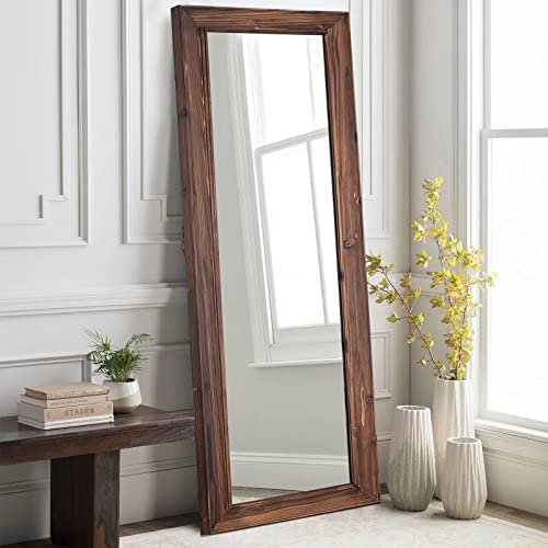 Image of NeuType 65 inchx22 inch Full Length Mirror Floor Mirror with Standing Holder Solid Wood Frame Large Bedroom Mirror Wall Mounted Mirror Hanging or Leaning Against Wall, Brown