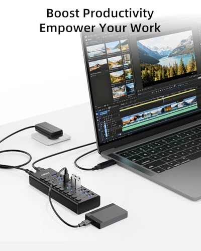 Image of AGEEN 10-Port USB 3.2 Gen 2 Hub, 10Gbps High-Speed Aluminum Powered Hub with 48W Adapter, Individual Switches & Surge Protection for PC /Laptop, Flash Drive, Printer, Camera