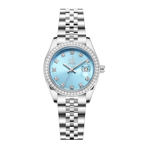 SHENGKE Las Mujeres de Cristal Acentuado con Banda de Acero de aleación sólida Reloj Elegante Vestido de Cuarzo Calendario Relojes para Mujer (Plata y Azul Cielo)