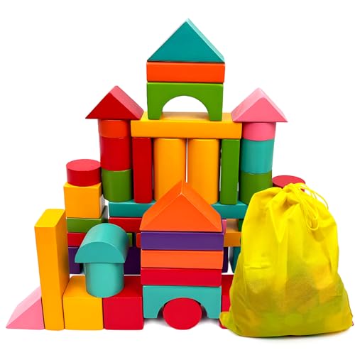 Zmpkhba 100 Pack Wooden Building Blocks Colorful Building Blocks with Storage Bag Large Hardwood Stacking Brick Castle Unit for Adult