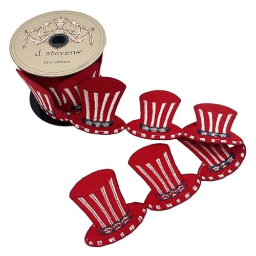 D. Stevens Fine Ribbon Patriotic Top Hat Garland Red White Blue Felt Embroidery 3.5 Inch Bow Shapes 5 Yards American Flag Design Crating