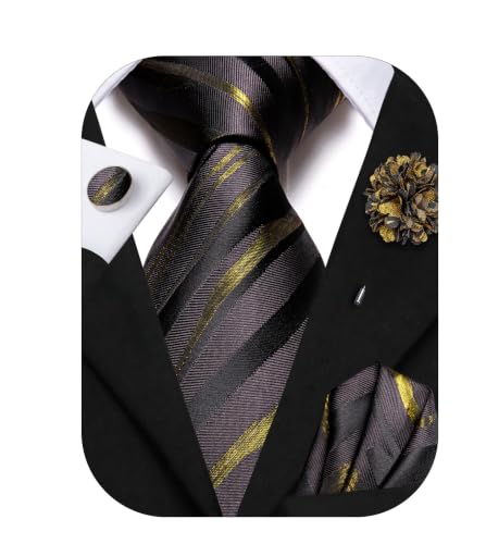 Image of Hi-Tie Men Silk Ties Set with Flower Lapel Pin Necktie Pocket Square Cufflinks for Tuxedo Wedding Business