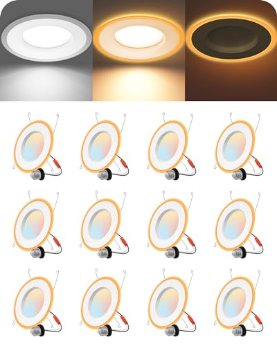 EDISHINE 12 Pack 5CCT 6 Inch Recessed Lighting with Night Light, 12W 1000LM Diammable LED Can Light, CRI 90+ & Beam Angle ≥ 100°, Recessed Light Fixtures for Porch, Garage, Bathroom，CA T20 Certified