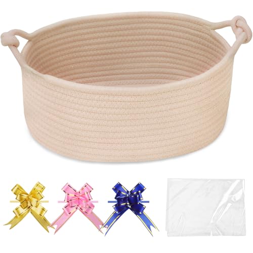 Image of COMSE Small Gift Basket Empty with Bag & Ribbons, Solid Beige