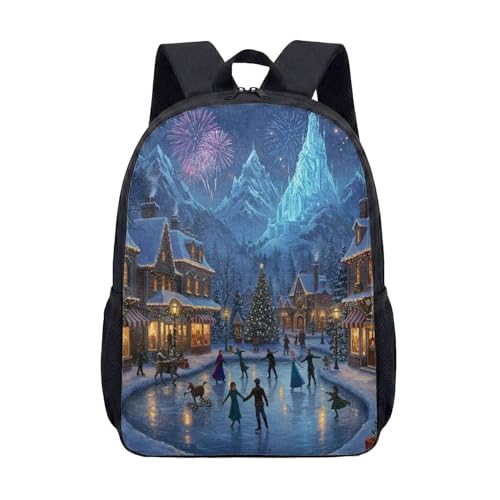 Aurora Borealis Ice Castle Snowy Village Mochila gráfica 43 cm Fantasia Winter Town Designer Mochila de viagem, 02, G