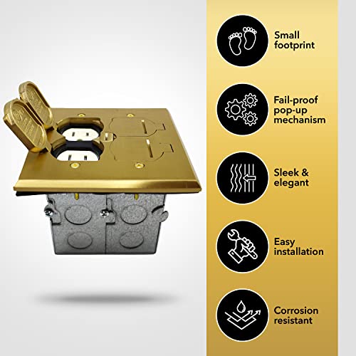 Select Lighting Slfb-2G-Tr20-Br 20A Receptacle Outlets, Tamper Resistant Electrical Floor Box With Flip Lid And Brass Cover, Retractable Recessed Socket For Kitchen, Countertops & Floors #TOP5