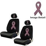Pink Ribbon Breast Cancer Awareness Logo Gem Crystal Studded Rhinestone Bling Car Truck SUV Front Low Back Bucket Seat Covers with Head Rest Pairs - 4PCS