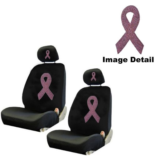 LA Auto Gear Pink Ribbon Breast Cancer Awareness Logo Gem Crystal Studded Rhinestone Bling Car Truck SUV Front Low Back Bucket Seat Covers with Head Rest Pairs - 4PCS