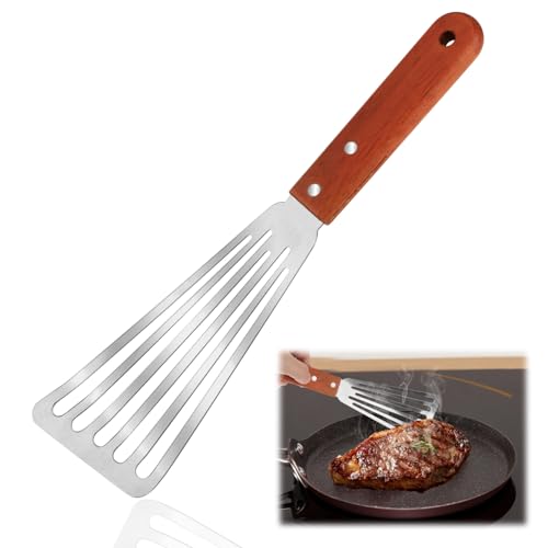 Fish Spatula Stainless Steel Fish Turner Professional Slotted Fishes Slice Spatula BBQ Shovel Non Stick Spatulas with Wooden Handle for Kitchen Cooking Flipping Frying Pancake, 29cm