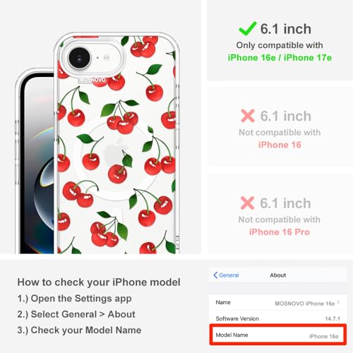 MOSNOVO for iPhone 17e Case/iPhone 16e Case, Compatible with Magsafe, Shockproof Military-Grade Protection, Magnetic Clear Phone Case for iPhone 17e / 16e, Cute Cherry Design by MOSNOVO - Used condition - Image 2