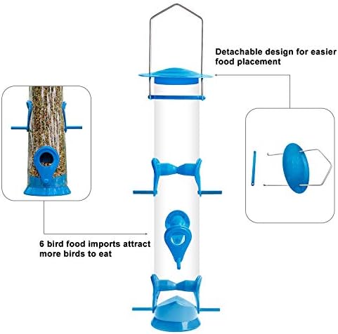 Urban Deco Bird Feeders Hanging Plastic Tube Bird Seed Feeder With 6 Ports Niger Seed Bird Feeder With Steel Hanger Weatherproof Fat Ball Bird Feeder Bird Feeder For Small Birds - Blue - 1 Pack