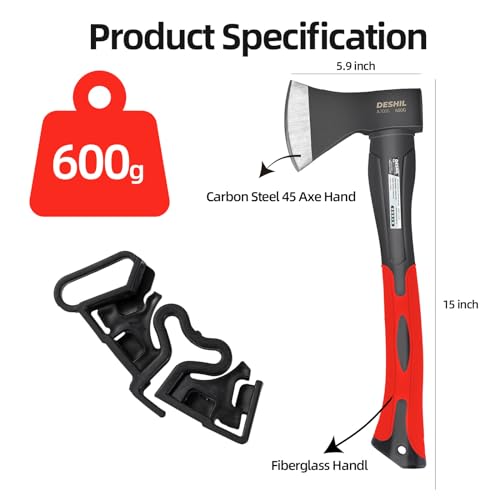 Chopping Axe, 15”Outdoor Hatchet Forged Carbon Steel Heat Treated Hand Maul Tool, Fiberglass Shock Reduction Handle with Anti-Slip Grip,Red