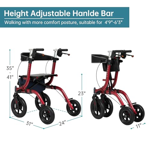 ELENKER All-Terrain Rollator Walker with Seat, Outdoor Rolling Walker, 12” Non-Pneumatic Tire Front Wheels, Compact Folding Design for Seniors, Red - Thumbnail 6