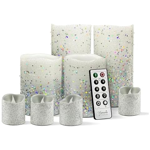 FURORA LIGHTING Silver Glitter LED Candles with Remote and Timer, 4 Pillars and 4 Votives Pack of 8, Real Wax Flameless Flickering Candles for Home Décor, Battery Included Cover