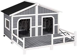 PawHut 59″ L x 63.5″ W x 39.25″ H Wood Large Dog House Cabin Style Elevated Pet Shelter w/Porch Deck Grey