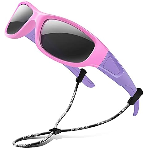 RIVBOS kids Sunglasses Girls with Strap Polarized UV Protection Flexible Shades for Baby and Children Age 2-10 RBK037-Pink,Black Polarized Lens Cover