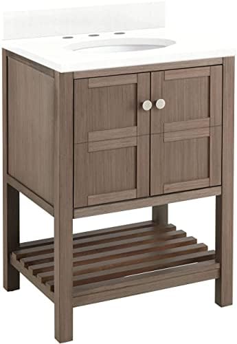Signature Hardware 460346 Olsen 24" Single Vanity Set with Cabinet, Vanity Top, and Oval Undermount Vitreous China Sink - 3 Faucet Holes - Ash Brown/Arctic White