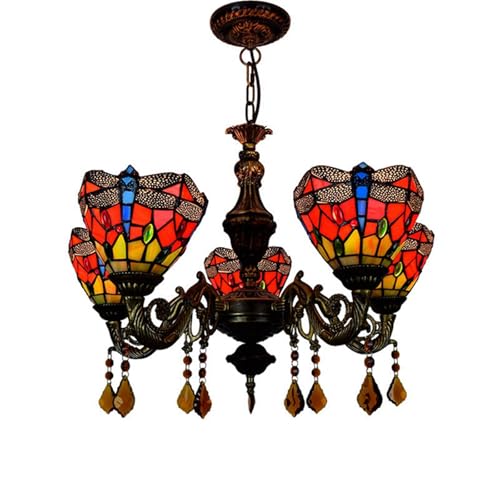 Lámpara de techo Tiffany con vitrales, 5 cabezas, 6 pulgadas, libélula roja, lámpara de techo, decoración de estilo vintage, lámpara colgante de cristal para comedor, sala de estar, dormitorio,