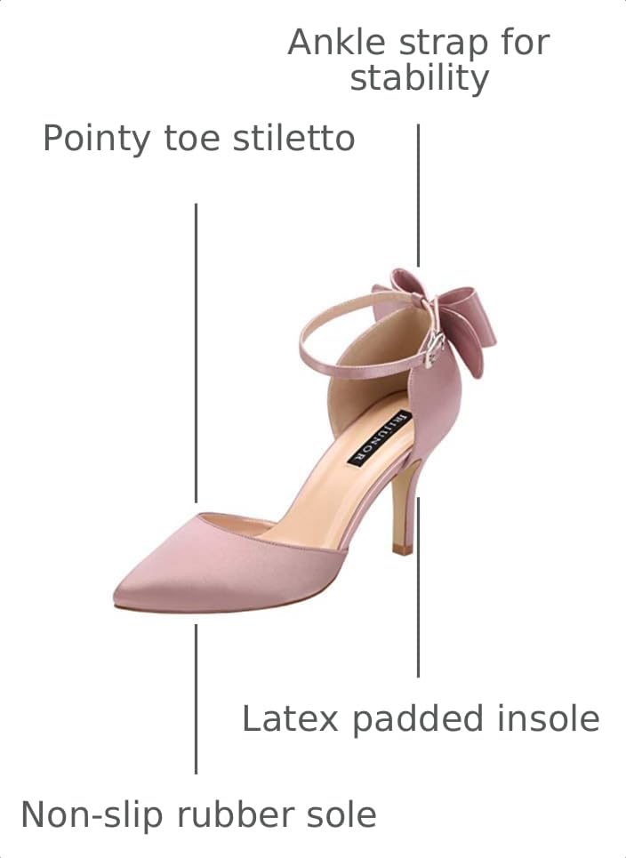 Image of ERIJUNOR Wedding Evening Party Shoes Comfortable Mid Heels Pumps with Bow Knot Ankle Strap Wide Width Satin Shoes