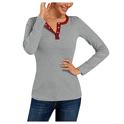 Womens Scoop Neck Henley Tops Low Cut Solid Color Block Vneck Sexy Fall Long Sleeve Button Down Shirts Gray