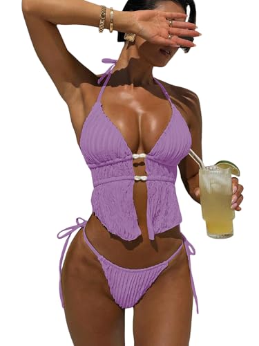 Image of RoseSeek Women's 2 Piece Boho Polka Dots Beaded Bikini Sets Sexy Swimsuits | Halter Swimsuits, Backless, Textured, Tie Side, Tankini Set, Bathing Suits, Summer, Vacation