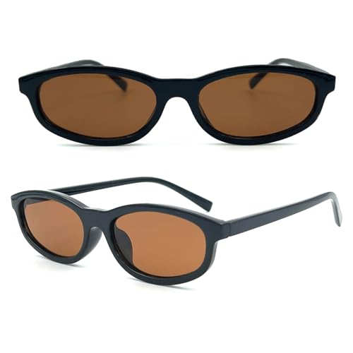 Retro Semi Oval Sunglasses for Women Men Trendy Small Narrow Rectangular 90s Glasses Vintage Brown Rectangle Shades