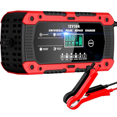 Autobatterie Ladegerät 10A Batterieladegerät 12V Intelligentes LiFePO4 Ladegerät Autobatterie LCD Display Mit Temperaturkompensation Mit Rekonditionierungsmodus KFZ Ladegerät Auto Und Motorrad