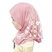 NICEYST Girls Ice Silk Muslim Khimar Hijab Headscarf Flower Arab Scarf Shawls Neck Wrap Islamic Head Wrap for Age 2-7 Years (Style 2-Light Pink)