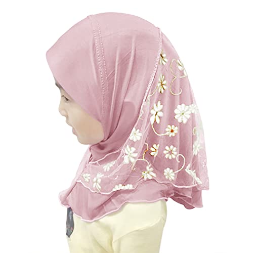 Girls Ice Silk Muslim Khimar Hijab Headscarf Flower Arab Scarf Shawls Neck Wrap Islamic Head Wrap for Age 2-7 Years2