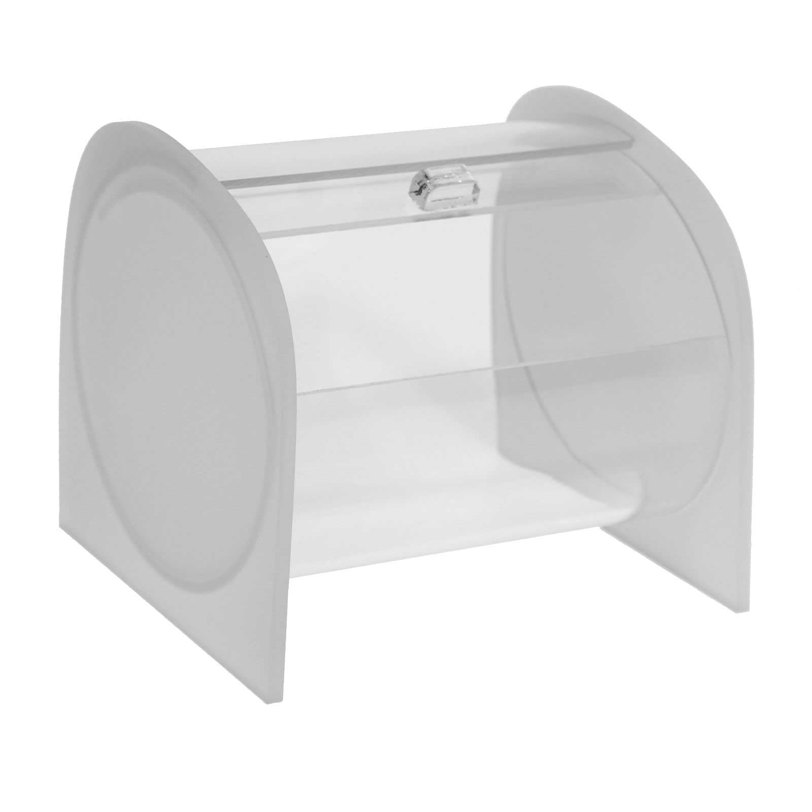 Portacaramelle confezionate sezione circolare in plexiglass trasparente e con pannelli laterali in plexiglass satinato - Misure totali: L 15 x P 14 x H 14 cm